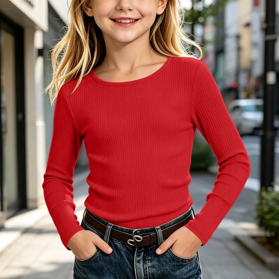 Kids Girls Ribbed Knit Tops Long Sleeve Crew Neck Solid Color Fashion Cozy Pullover Basic Undershirt for Daily Wear Red 9-10Years