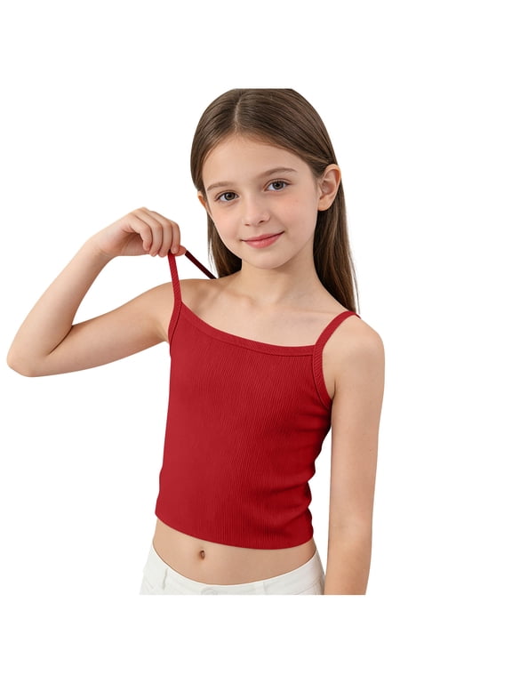 Kids Girls Ribbed Vest Stretchy Cami T-Shirt Sleeveless Spaghetti Straps Crop Tops Solid Color Camisole Casual Tank Tops Underwear Gym Workout Undershirts Lightweight Summer Tees for Girl