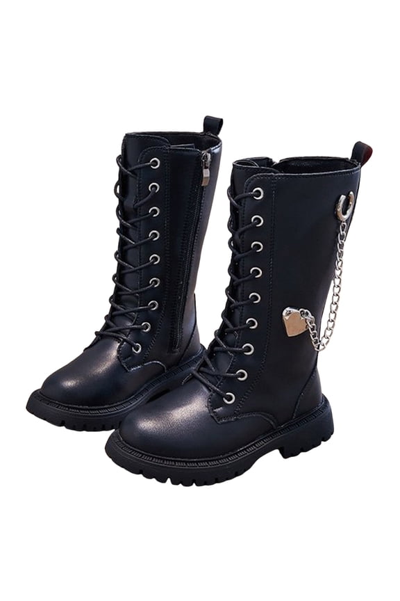 Kids Girls Riding Boots Knee High Fashion Metal Chain Lace up Zipper Mid Calf Combat Booties