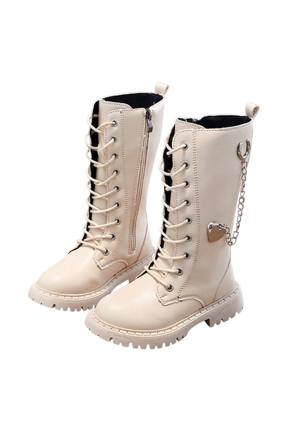 Kids Girls Riding Boots Knee High Fashion Metal Chain Lace up Zipper Mid Calf Combat Booties