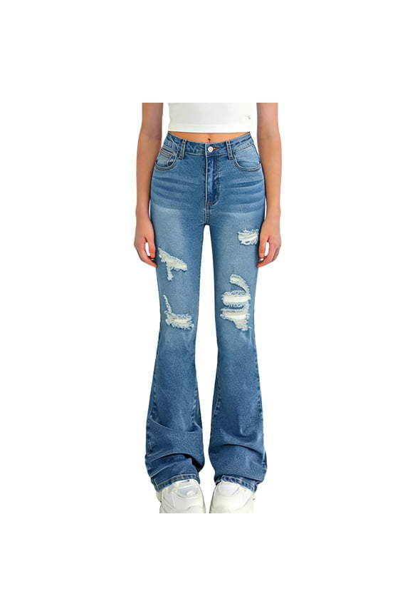 Kids Girls Ripped Jeans Denim Elastic Waist Distressed Bell Bottom Fashion Trousers for School Daily Casual Outfits, 6Y-13Y