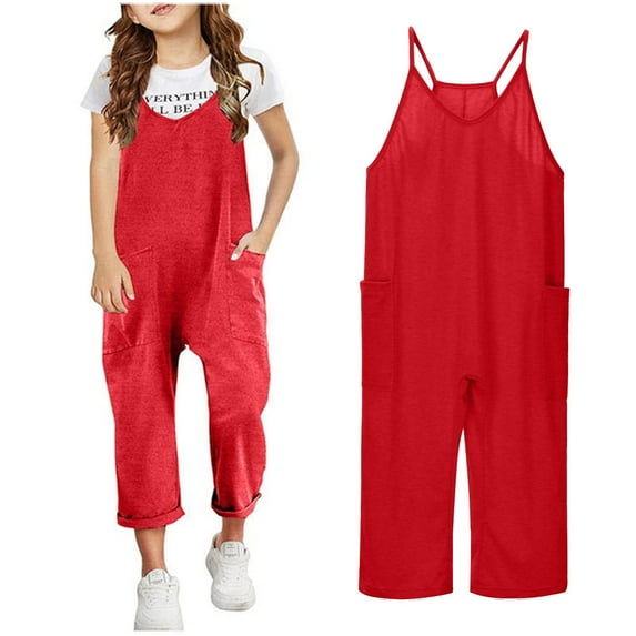 Kids Girls Jumpsuits Rompers Spaghetti Strap Overalls with Side Pockets V Neck Harem Pants Kids Jumpsuit For Girls 8-10
