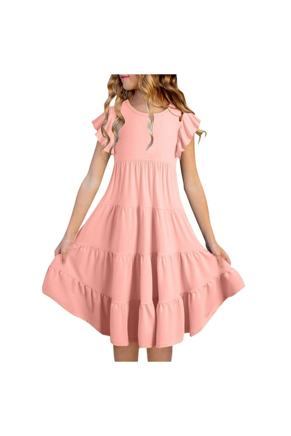 Kids Girls Ruffle Dresses Summer Pleated Sundress Solid Color Child Girl's Flying Sleeve Dress