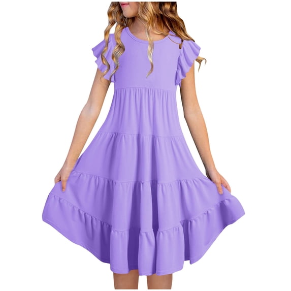 Kids Girls Ruffle Dresses Summer Pleated Sundress Solid Color Child Girl's Flying Sleeve Dress