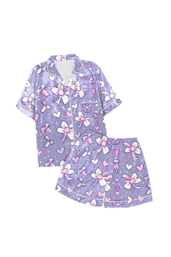 Kids Girls Satin Pajamas Bow Print Short Sleeve Button Down Top Shorts Set Summer PJS for Girls Cute PJS for Girls 6T
