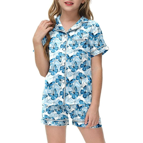 Kids Girls Satin Pajamas Butterfly Printed Short Sleeve Button Down Top Shorts Girls Summer Clothes 6T Girls Pajamas