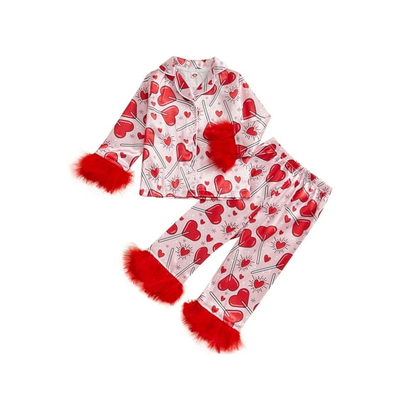 Kids Girls Satin Valentines Day Pajamas Set Heart Print Long Sleeve Feather Trim Shirt Long Pants 1-10 Years Cute Sleepwear Set