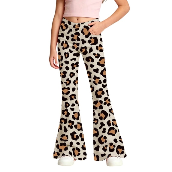 Kids Girls School Uniform Flare Pants Dress Bottoms Leopard Lightweight Kids Pants Girls Trousers 5-6T