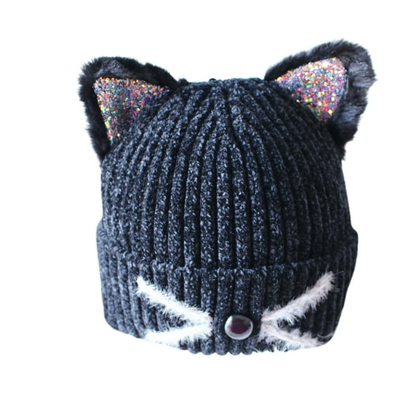 Kids Girls Sequin Cat Ears Hats Winter Knitted Beanie Hat for Outdoor Snow Ski Skull Cap with Embroidery,Color:Black