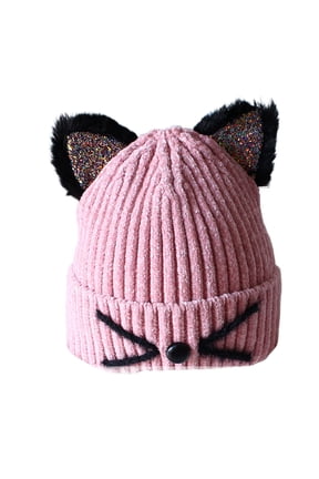 Kids Girls Sequin Cat Ears Hats Winter Knitted Beanie Hat for Outdoor Snow Ski Skull Cap with Embroidery,Color:Pink