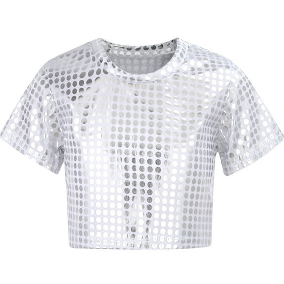 Kids Girls Sequin Short Sleeve Crop Top Shiny Glitter Party Top Crewneck Dance Performance T-Shirt Valentines Carnival Birthday Festival Graduation Outfit Top For Boys Girls 1-16Y Silver,130=5-6Y