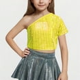 thumbnail image 1 of Kids Girls Sequins Dance Shirts Short Sleeve Metallic Tees Tops Jazz Hip Hop Latin Dance Costume Gold 11-12 Years, 1 of 4