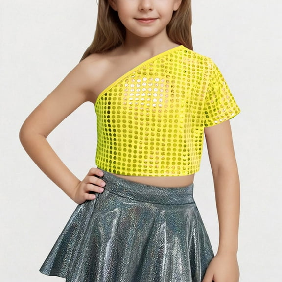 Kids Girls Sequins Dance Shirts Short Sleeve Metallic Tees Tops Jazz Hip Hop Latin Dance Costume Gold 9-10 Years