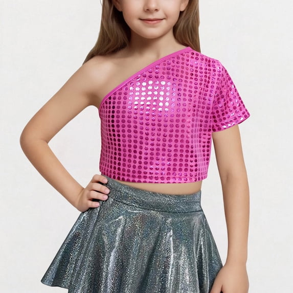 Kids Girls Sequins Dance Shirts Short Sleeve Metallic Tees Tops Jazz Hip Hop Latin Dance Costume Hot Pink 7-8 Years