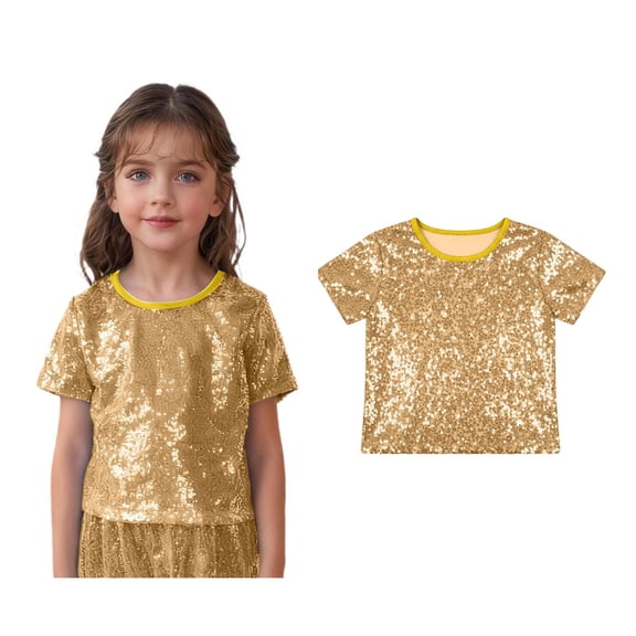 Kids Girls Sequins Glitter Patch Crop Tops Short Sleeves Dance T-Shirt Cheer Jazz Party Performance 3-7 Years