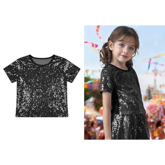 Kids Girls Sequins Glitter Patch Crop Tops Short Sleeves Dance Top T-Shirt Cheer Jazz Dance Performance 3-7 Years