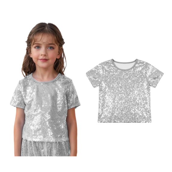 Kids Girls Sequins Glitter Patch Cropped Top Short Sleeves Dance Top T-Shirt Jazz Ballet Performance Dance Oufits 3-7 Years