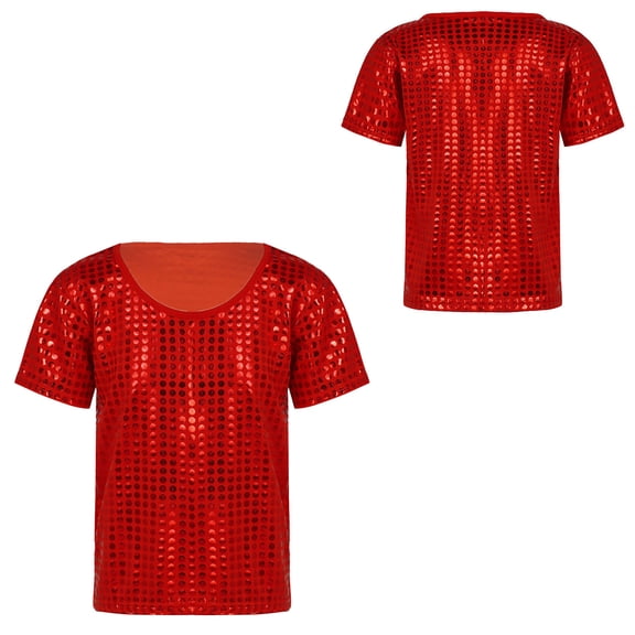 Kids Girls Sequins Glitter Patch Short Sleeves Loose T-Shirt Latin Jazz Ballet Dance Party Stage Performance 4-5 Years