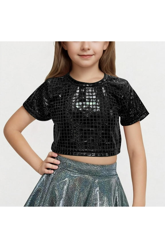 Kids Girls Sequins Hip Hop Street Modern Jazz Disco Ballet Dance Tops Short Sleeve T-Shirt Birthday Party Tee Blouse Black 3-4 Years