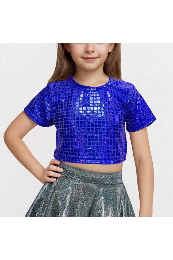 Kids Girls Sequins Hip Hop Street Modern Jazz Disco Ballet Dance Tops Short Sleeve T-Shirt Birthday Party Tee Blouse Blue 8-9 Years