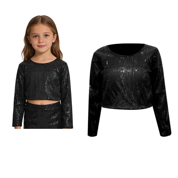 Kids Girls Shiny Sequins Crop Tops Long Sleeve Dance Top T-Shirt Jazz Hop Party Performance 3-10 Years