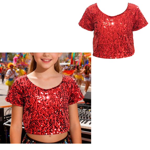 Kids Girls Shiny Sequins Crop Tops Short Sleeves Tops Blouse Cheer Jazz Performance One Size