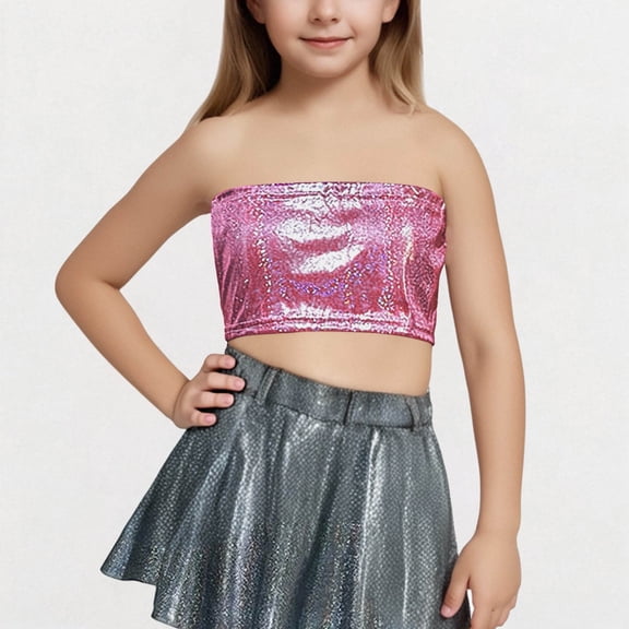 Kids Girls Shiny Sequins Short Sleeve Crop Tops Sparkly T-Shirts Jazz Hip Hop Street Performance Dance Costume Hot Pink 9-10 Years
