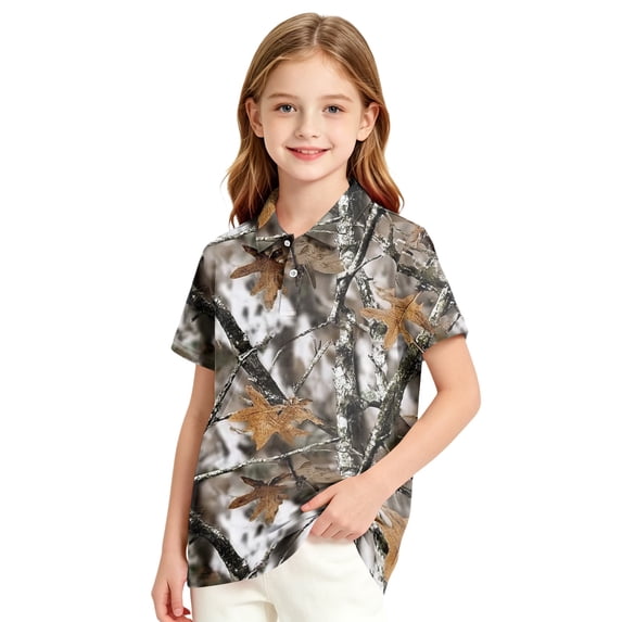 Kids Girls Short Sleeve Polo Shirt, Tree Leaf Camo Printed Polyester Top, Casual Outdoor Daily Wear Children Collared T-Shirt,Coffee,150