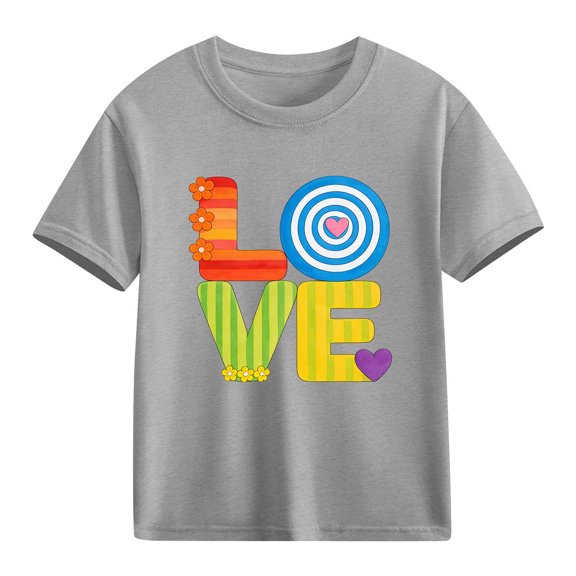 Kids Girls Short Sleeve T-Shirt Gray Love Heart Valentine Graphic Cotton Top | Cute Casual Play Tee,Size 7 T