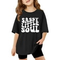 thumbnail image 1 of Kids Girls Short Sleeve T Shirts Back To School Short Sleeve Basic Crewneck Letter Print Tops Casual School Uniform Clothes,Black,5-6 Years, 1 of 7