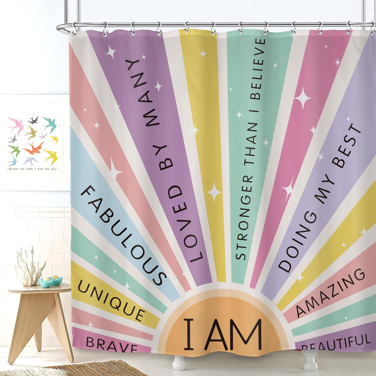 Kids Girls Shower Curtain 72Wx72L Inch Rainbow Boho Sun Colorful Quotes Retro 70s Cute Inspirational Words Motivational 12 Pack Hooks Polyester Waterproof Fabric Bathroom Bathtub Panels