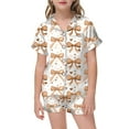 thumbnail image 1 of Kids Girls Silk Pajamas Bow Print 2 Piece Set Short Sleeve Button Down Top Shorts Set Girls Summer Fall Clothes Girls Silk Pajamas Size 4-5 Years, 1 of 4
