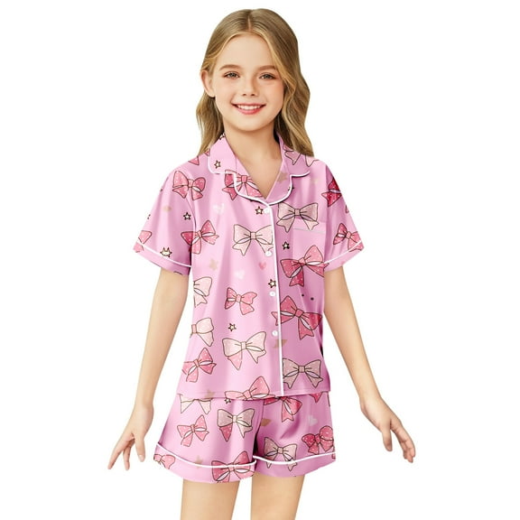 Kids Girls Silk Pajamas Bowknot Printed 2 Piece Short Sleeve Button Down Shirts Shorts Set Christmas Pajamas Kids Clothes for Girls 6-7 Years