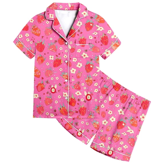 Kids Girls Silk Pajamas Fruit Print 2 Piece Set Short Sleeve Button-Down Shirts with Shorts Set Christmas Pjs Kids Clothes for Girls 6-7 Years