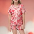 thumbnail image 1 of Kids Girls Silk Pajamas Heart Print Short Sleeve Button-Down Top Shorts Set Girls Summer PJS Preppy Stuff for Girls 8-9 Years, 1 of 3