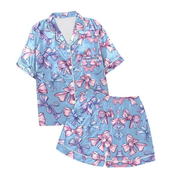 Kids Girls Silk Pajamas Set Bow Printed Button Down Solid Tops T Shirt Shorts 2PCS Summer Toddler Girl Sleepwear Pajamas For Girls 6-7