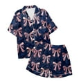 thumbnail image 1 of Kids Girls Silk Pajamas Set Bow Printed Button Down Tops With Shorts 2PCS Summer Girls' Fashion Pajamas Set Girls Silky Pajamas Size 8-10, 1 of 4