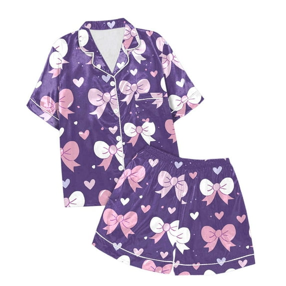 Kids Girls Silk Pajamas Set Bow Printed Summer Pajamas Button Down Shorts Set Kids Pajamas Nightgown Girl Pjs 4T