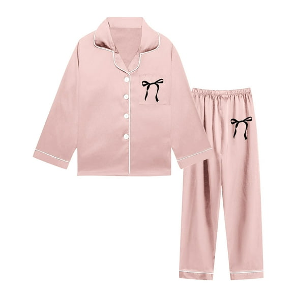Kids Girls Silk Pajamas Set Bowknot Print Long Sleeve Button Down Nightwear with Pants Set Girls Casual Pajamas Set 9-10 Years Girl Pajamas