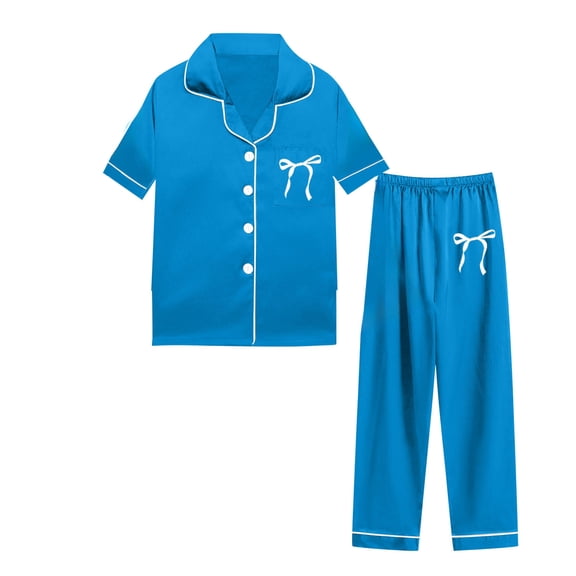 Kids Girls Silk Pajamas Set Bowknot Print Short Sleeve Button Down Top Pants Set Sleepwear Loungewear Set Girl Pajamas Size 5-6 years