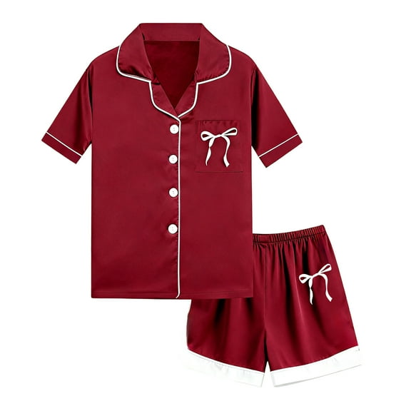 Kids Girls Silk Pajamas Set Bowknot Print Short Sleeve Button Down Top Shorts Set Classic Loungewear Girl Clothes Size 10-11 years