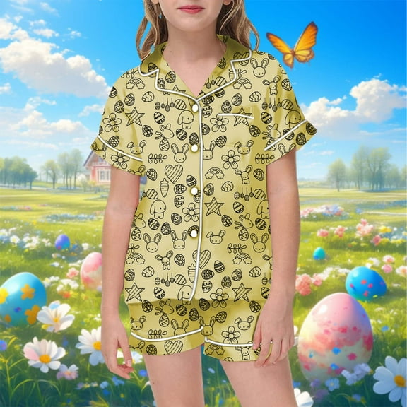 Kids Girls Silk Pajamas Set Bunny Girls Summer Pajamas Shorts Set Toddler Sleepwears Girls Pajamas Size 5T