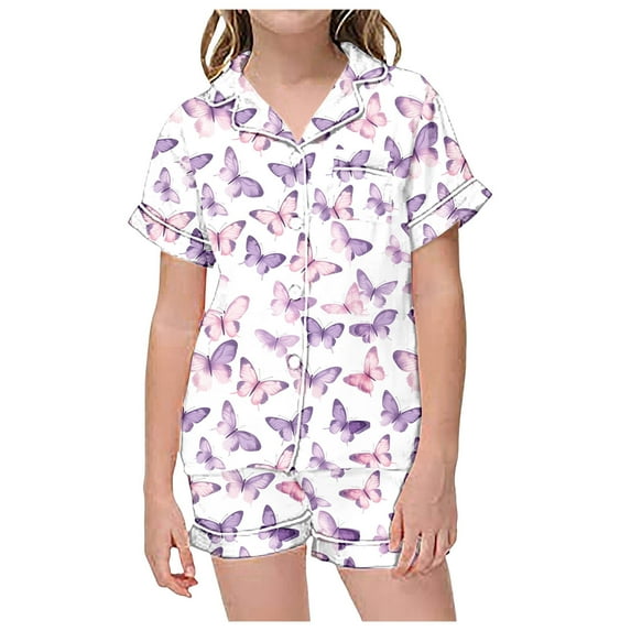 Kids Girls Silk Pajamas Set Butterfly Printed Button Down Sleepwear With Shorts 2PCS Summer Girls Outfits Set Girls Satin Pajamas Size 8-10