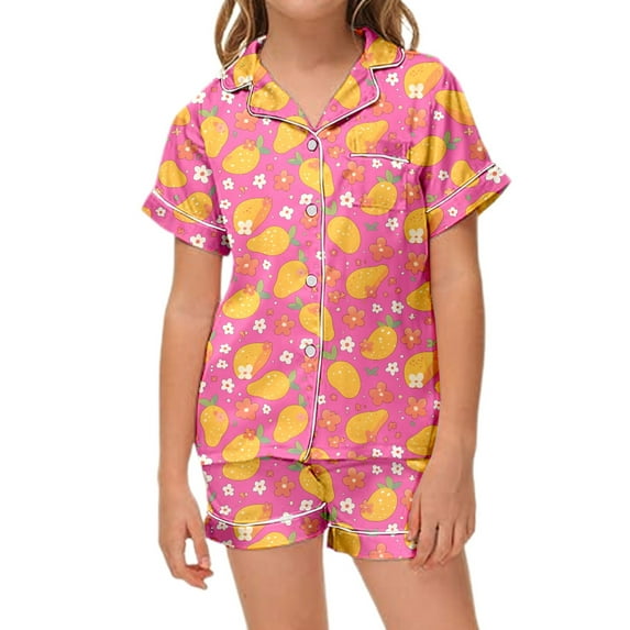Kids Girls Silk Pajamas Set Cute Girls Button Down Pajamas Set Toddler Girl Sleepwear Pjs for Girls Size 6-7 Years