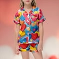 thumbnail image 1 of Kids Pajamas Set Silk Satin Heart Print Short Sleeve Button Down Loungewear with Shorts Summer PJS for Girls PJS Size 8-9 Years, 1 of 3