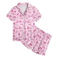 thumbnail image 1 of Kids Girls Silk Pjs Bowknot Print Short Sleeve Button Down Nightwear with Shorts Set Holiday Pajamas for Kids Kids Girl Pajamas Set 5-6 Years, 1 of 4