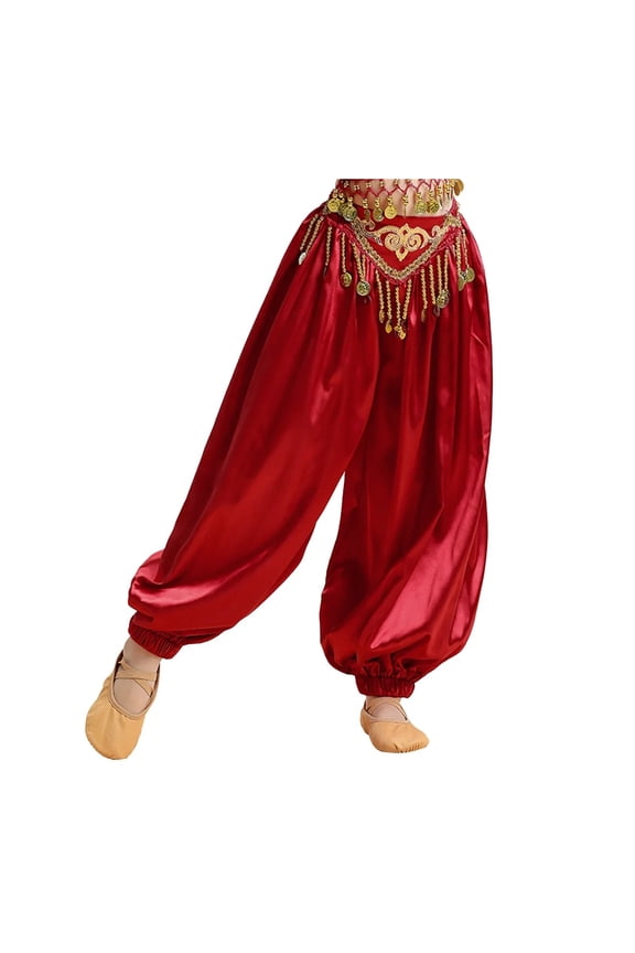 Kids Girls Silky Tassel Waistband Harem Dance Pants Princess Belly Dance Costume Ballroom Dress-up