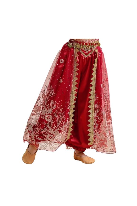 Kids Girls Silky Tassel Waistband Harem Dance Pants Princess Belly Dance Costume Ballroom Dress-up