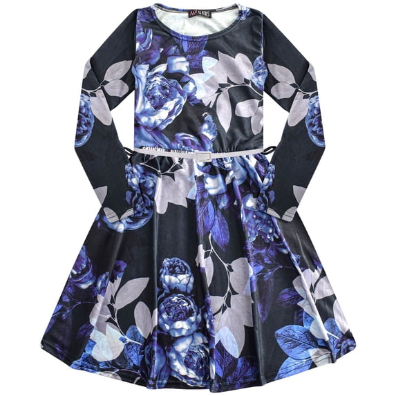 Kids Girls Skater Dress Long Sleeves Floral Print Party Fashion Summer Dresses