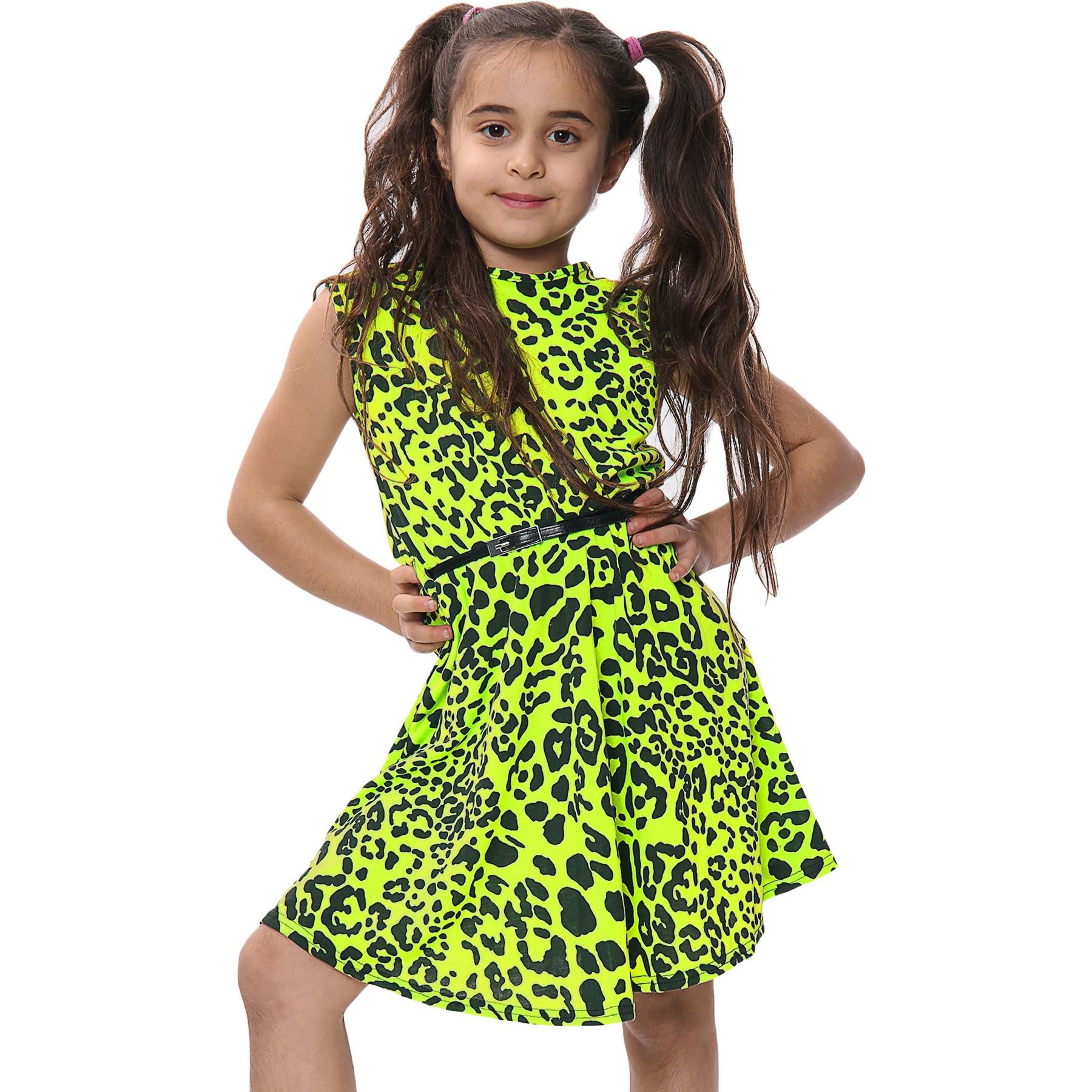 Girls Leopard Print Neon Yellow Skater Dress - Summer Party Dress Ages 5-13